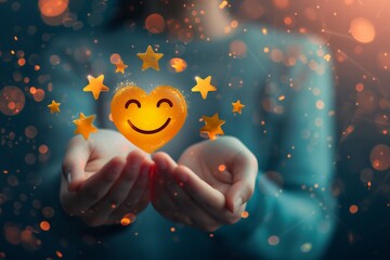 Blessed emoticon verbal expression star ratings. Sociable passionate team communication external client feedback. Managing client reviews. Star emoji happy smileys, positive everlasting smiling symbol