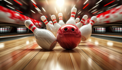A red bowling ball flies down the lane and smashes the pins, they fly off in different directions, strike