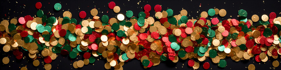 golden red green metallic glitter foil confetti on black background, golden holiday and holiday...