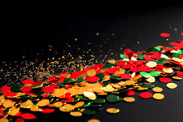 golden red green metallic glitter foil confetti on black background, golden holiday and holiday...