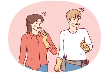 Frightened man with repair tools and woman in dirty clothes looking away. Guy and girl in rubber gloves with discouraged face after making mistake while repairing their own hands. Flat vector image