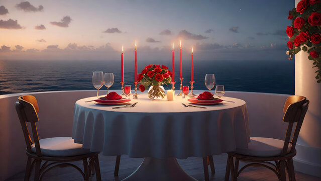 Romantic dinner table for date by the ocean at sunset.Valentine's Day,Love,honeymoon set for two,summer vacation or wedding concept.Generative AI
