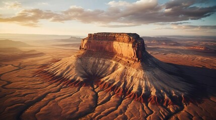 realistic photo Aerial view of sandstone Butte in Utah desert valley at sunset. generative ai - obrazy, fototapety, plakaty