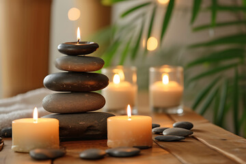 Obraz na płótnie Canvas stack of stones and candles for relaxation in the spa