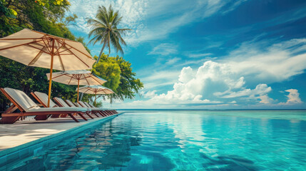Beautiful tropical Maldives resort hotel and island with swimming pool and beach