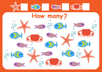 How many sea animals are there? Counting game for children. Math assignment for preschoolers.