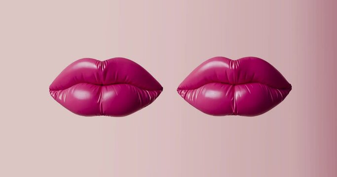 Close-up of two pairs of female pink latex lips isolated on light pink background. The makeup and lip gloss are sexy and glamorous in detail. 4K video. Generative AI