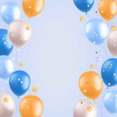 3d balloons background, realistic blue and yellow air balloons, stars and confetti on blue background. Greeting card or banner festive concept. Vector illustration