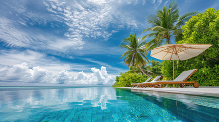 Tropical beach with coconut palm tree and swimming pool at Maldives