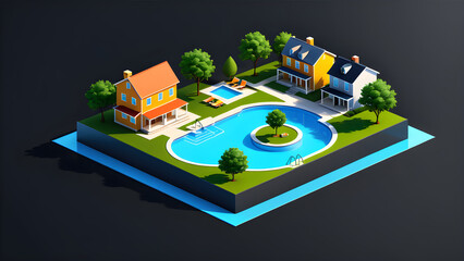 houses real estate community amenities 3d icon vector clipart isolated on a black background. illustration of a city