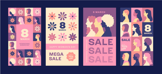 Set of 4 stories for internationam woman day. Vector illustration. March 8, women portraits pink, purple, yellow, orange, blue