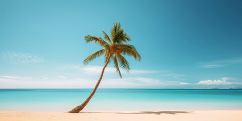 Palm on a sunny tropical sea shore under turquoise sky. Vacation concept. Generative AI