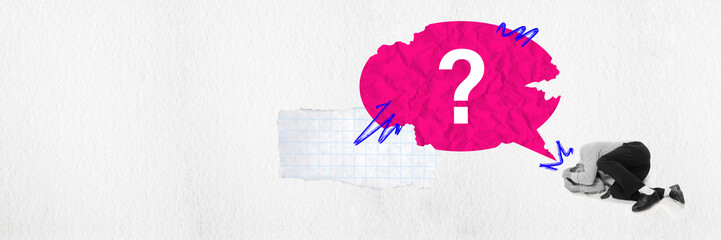 Banner. Modern aesthetic artwork. Young depressed man in monochrome filter lying on floor with pink speech bubble with question mark. Concept of conflict, mental pressure, relationships. Ad