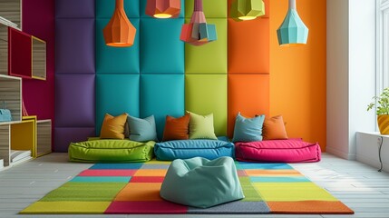 Colorful playroom with modern furniture and vibrant decor