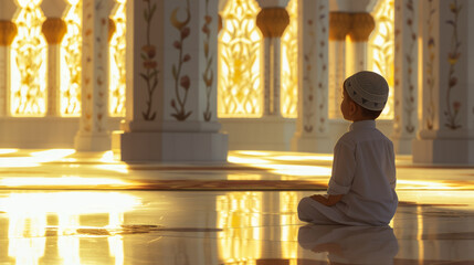 Muslim child in a temple prays in front of a window with rays of sunshine