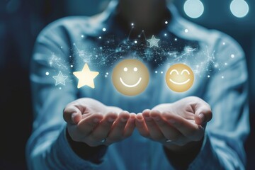 Blessed emoticon verbal expression star ratings. Sociable passionate team communication external client feedback. Managing client reviews. Star emoji happy smileys, positive everlasting smiling symbol
