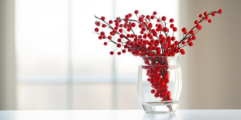 Holiday-themed decorations for the home, featuring red berry branches in a glass vase on a light backdrop. Ideal for showcasing artwork.