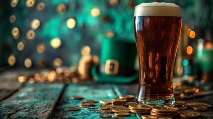 Pint of dark Irish stout beer with frothy foam head. Irish pub with St. Patrick's Day decor, green top hat, gold coins. Horizontal banner with copy space. AI Generated - obrazy, fototapety, plakaty