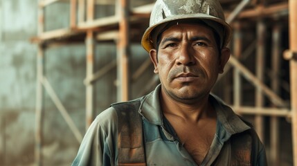 Portrait of an Asian male worker in a hardhat at a construction site. AI.