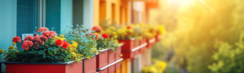Panoramic view of apartment houses with blooming flowers on the balconies. City life concept. - obrazy, fototapety, plakaty