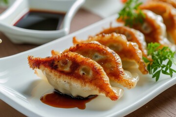 Tasty Japanese gyoza dumplings fried served with soy sauce on white plate