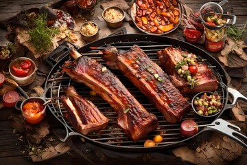 immerse yourself in the joy of a campfire barbecue, with a makeshift grill loaded with succulent ribs, promising a flavorful outdoor feast. - obrazy, fototapety, plakaty