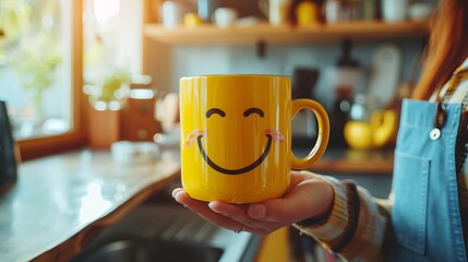 Happy morning concept with hands holding a coffee cup featuring a cheerful smiley face on the mug