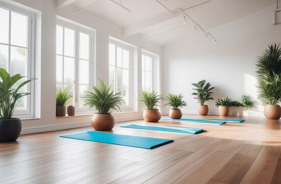 abstract empty yoga or fitness gym interior ready for a class. High quality illustration