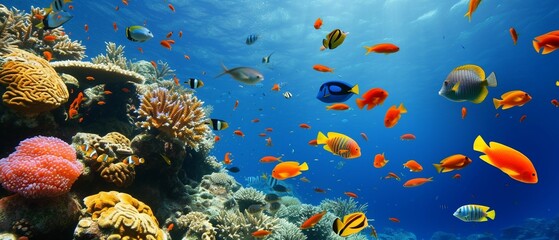 深い海の中のサンゴやカラフルな魚