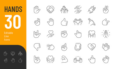 Hands Line Editable Icons set. Vector illustration in modern thin line style of different hand gestures: pointing, peace, like, handshake, perfect, and more. Isolated on white - obrazy, fototapety, plakaty