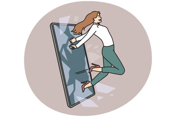 Confident businesswoman jump out of cellphone screen. Smiling woman go out of smartphone free from internet censorship and information. Vector illustration.
