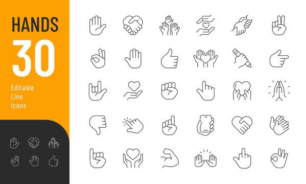 Hands Line Editable Icons set. Vector illustration in modern thin line style of different hand gestures: pointing, peace, like, handshake, perfect, and more. Isolated on white