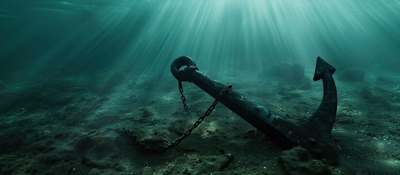 The rusty ship anchor is under the sea