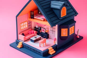 A miniature dollhouse stands proudly in a sea of pink, a perfect replica of a dream home built with lego bricks