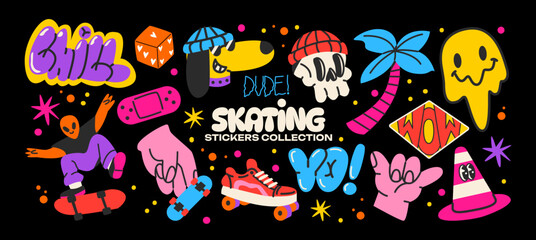 Retro skater stickers in 90s cartoon style. Skateboarding badges, rollers, vinyl, vintage, UFO. Hippie acid groovy y2k, nostalgia vector shapes