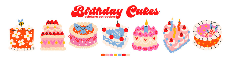 Set of cakes for birthday, holiday. Vector sticker collection of sweet cheesecakes, cupcakes, bento cakes.	