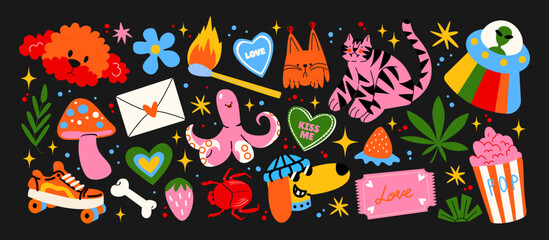 Cartoon groovy stickers set. 90s cute design. botanical elements,stars, geometric, flowers. Halloween retro hippie acid set	
