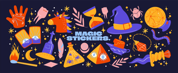 Cartoon set of stickers of magic and witchcraft. 90s wild magic design. botanical elements,skull,cards,hand,eye,potion. Halloween set