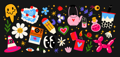 Cartoon groovy stickers set. 90s cute design. botanical elements,stars, geometric, flowers. Halloween retro hippie acid set	
