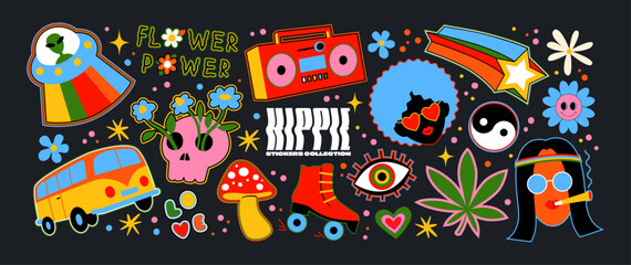 Retro 70s hippie stickers, psychedelic groovy elements. Funky cartoon mushrooms, ufo, rainbow, vintage set of vector elements in vintage style. stickers vinyl, sun, flowers	