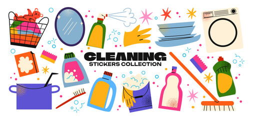 Cartoon cleaning retro stickers, cleanliness concept abstract shapes. Sponge, brush, spray, rag, washing machine. Vector retro illustration of disinfection