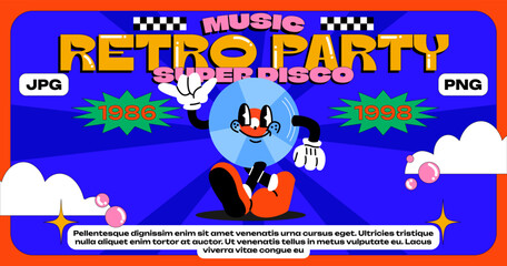 Funny cartoon vinyl record character retro poster. Vector mascot in gloved hand in 90s music style.Сomic poster in trendy vintage memphis geometric funky style.