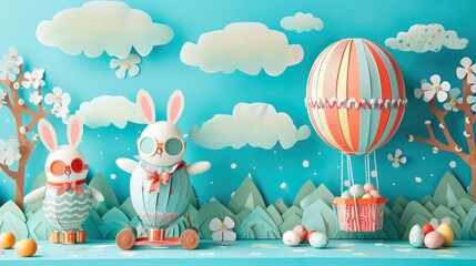 Creative banner that combines Easter elements with adventure. Picture Easter eggs in hot air balloons, bunny aviators, or other imaginative scenes to convey a sense of exploration and celebration.