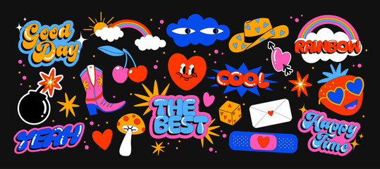 Cartoon groovy stickers set. 90s cute design. botanical elements,stars, geometric, flowers. Halloween retro hippie acid set	
