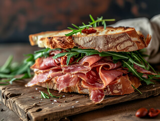 Sandwich with pieces of dried meat mortadella and greens. Italian snack in close-up.  Photorealistic, background with bokeh effect. 