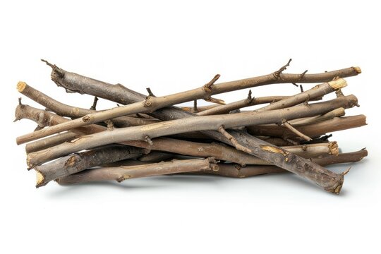 Isolated dry branches stack on white background for fire