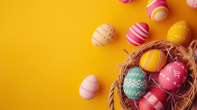 Happy Easter day decoration colorful eggs. Promotional banner for Easter.  Images of Easter eggs.  Colorful Easter eggs on pastel background. Creative design.