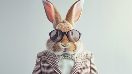 Cool easter bunny, rabbit with sunglasses and bow tie, isolated on background. Funny easter concept holiday animal celebration greeting card. 
