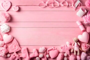 Its a Girl pink theme Baby Shower or Nursery background with decorated borders on pink wood background