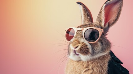 Stylish rabbit wearing sunglasses and bow tie in a sunlit forest for themed events marketing or cheerful greeting cards